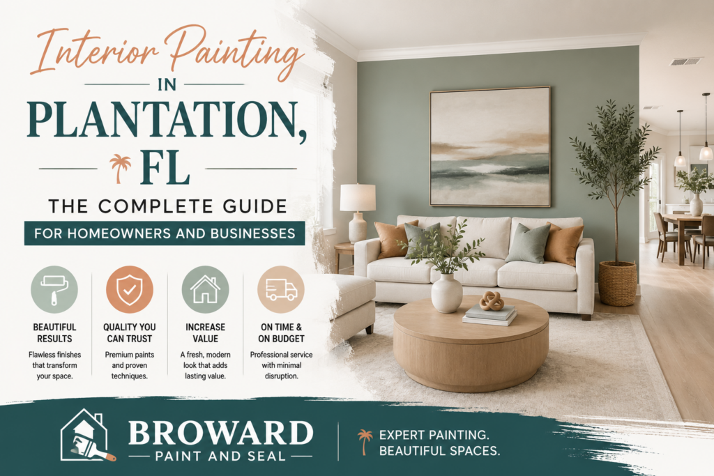 Modern living room with freshly painted walls showcasing professional interior painting services in Plantation, Florida for homeowners and commercial businesses.