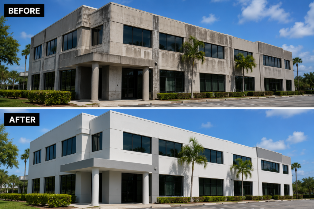 Before and after comparison of a commercial office building transformed with professional exterior painting in Broward County, Florida.