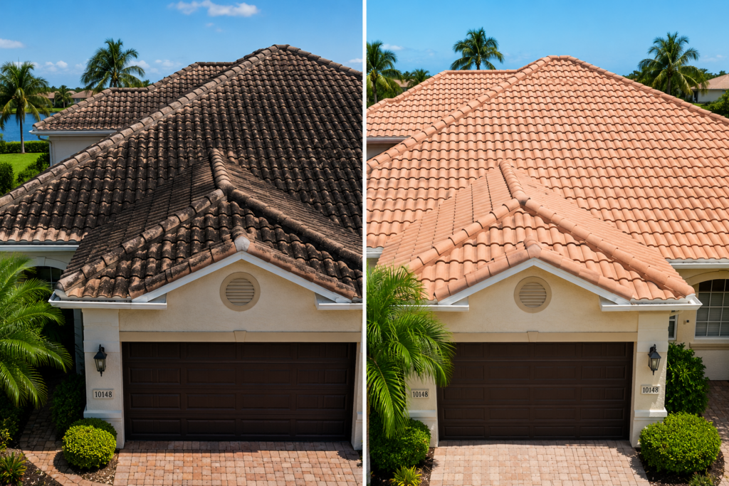Side-by-side comparison of a Florida tile roof before and after professional roof cleaning, showing black algae streaks removed and clean roof tiles restored in Broward County.