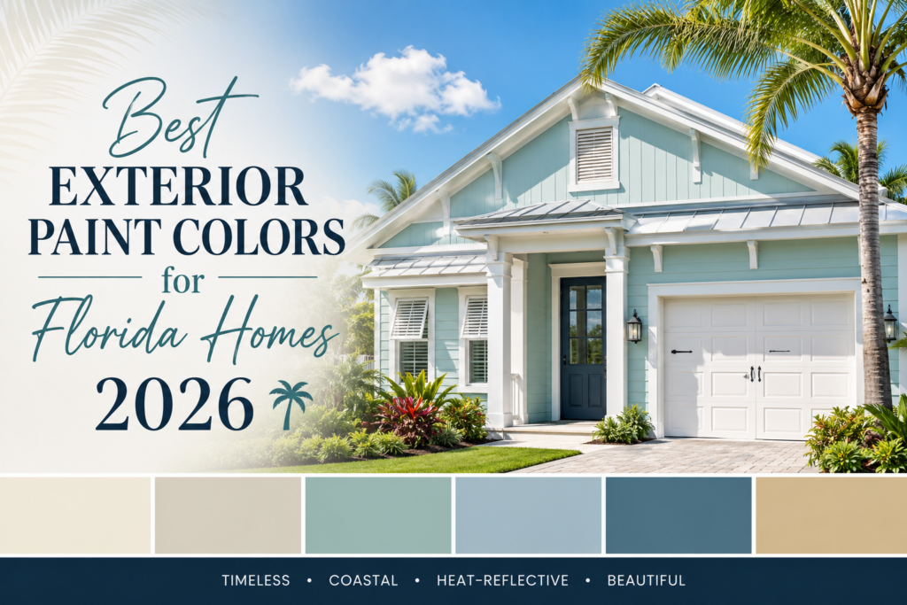 Best exterior paint colors for Florida homes in 2026 featuring a beautiful coastal-style house with modern white trim, tropical landscaping, and trending heat-resistant paint colors.