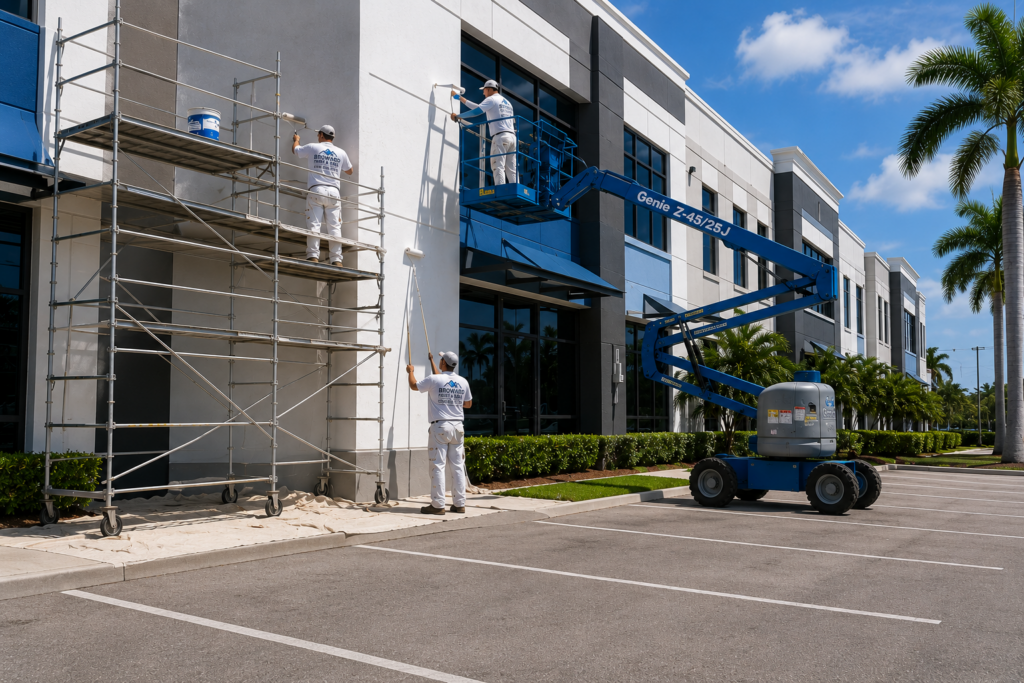 Professional painters using scaffolding and aerial lifts to paint the exterior of a large commercial building in Fort Lauderdale, Florida.