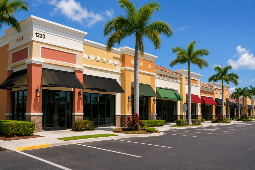 Freshly painted commercial strip mall with vibrant storefront colors and clean exterior finishes in Broward County, Florida.