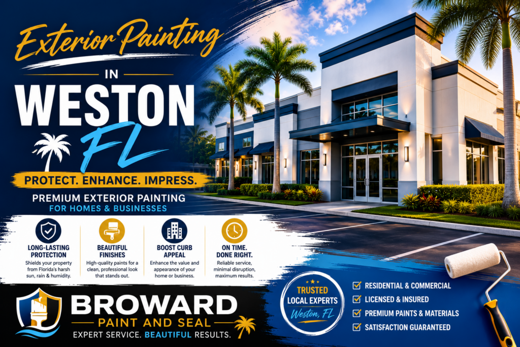 Professional exterior painting services in Weston, Florida featuring a freshly painted home with modern curb appeal, tropical landscaping, and a durable weather-resistant exterior finish.
