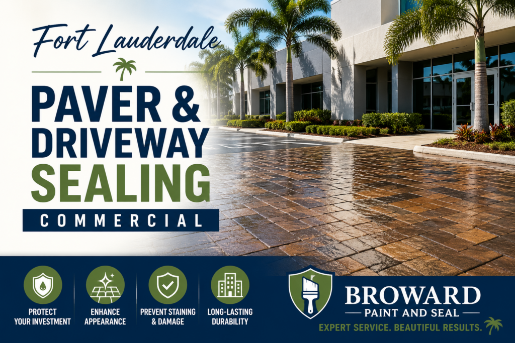 Commercial paver and driveway sealing at a Fort Lauderdale business property with professionally cleaned and sealed brick pavers, enhancing durability, appearance, and long-term protection.