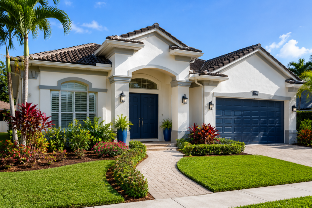 Beautiful freshly painted Florida home with a bright white exterior, manicured lawn, tropical landscaping, and a welcoming front entrance in Broward County.