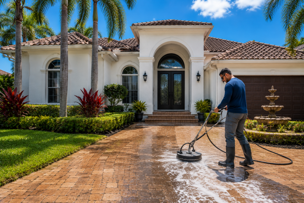 Professional technician cleaning the paver driveway and exterior surfaces of a luxury Florida home with commercial pressure washing equipment in Broward County.