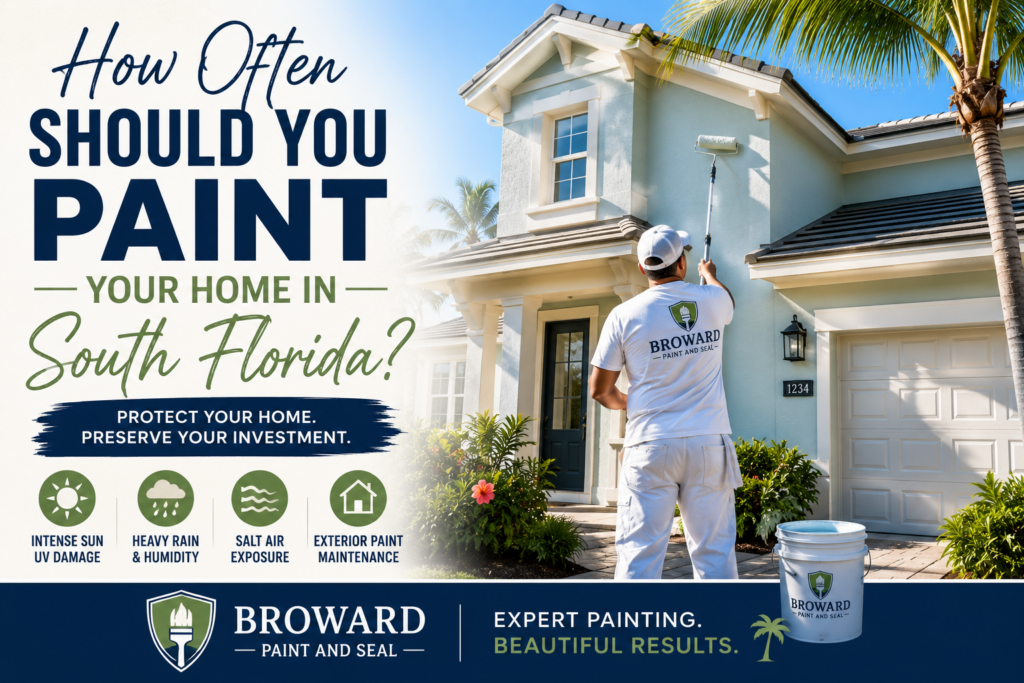 Professional painter repainting a South Florida home exterior with tropical landscaping, illustrating how often homes should be painted to protect against sun, humidity, salt air, and heavy rain.