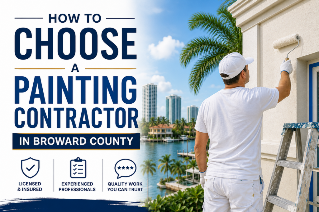 Professional exterior painter applying paint to a South Florida home illustrating how to choose a painting contractor in Broward County with waterfront homes and palm trees in the background.