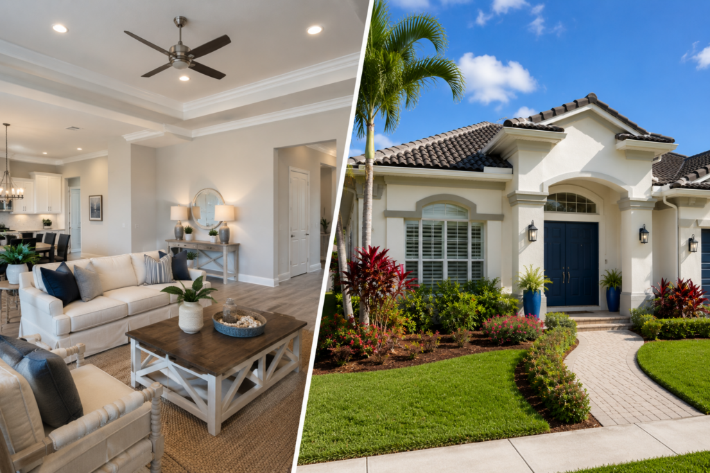 Split image showing a beautifully painted Florida home interior and freshly painted exterior at the same Broward County residence.