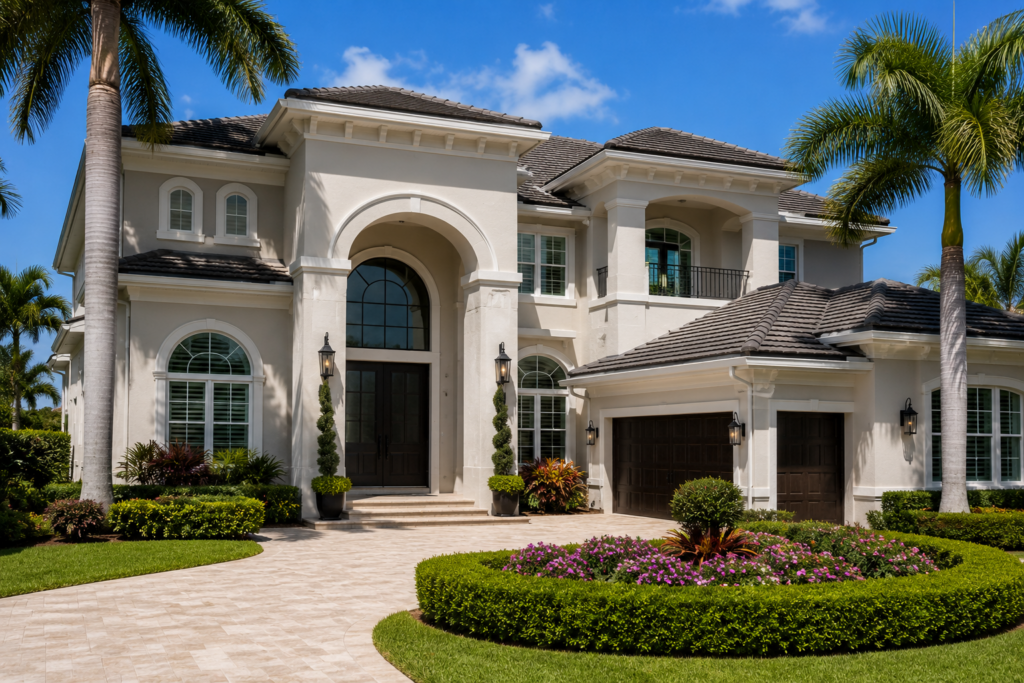 Beautiful newly painted luxury home with fresh stucco, grand entrance, and professionally landscaped yard in Weston, Florida.