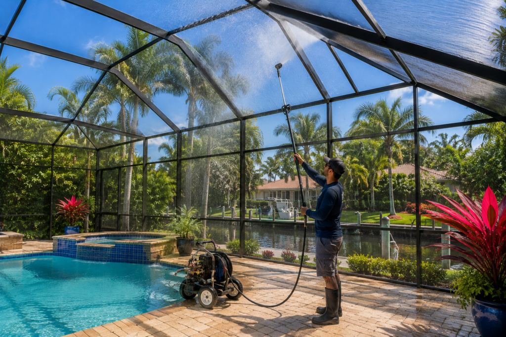 Professional technician cleaning a pool cage and screen enclosure at a luxury South Florida home using commercial pressure washing equipment in Broward County.
