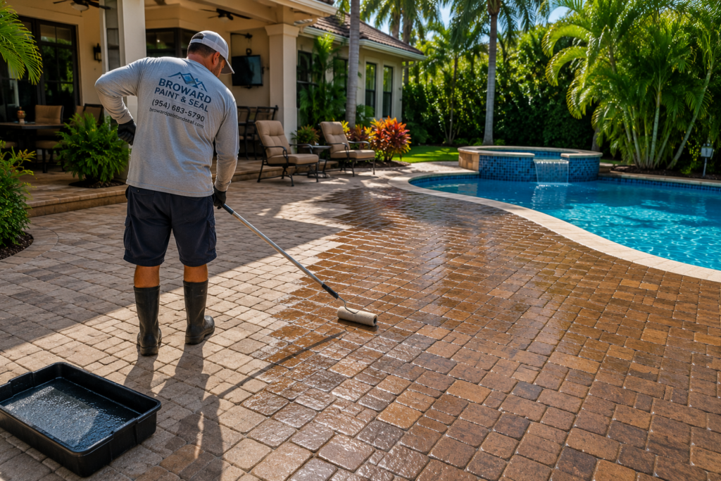 Professional contractor applying paver sealer to a backyard pool deck at a South Florida home in Broward County.