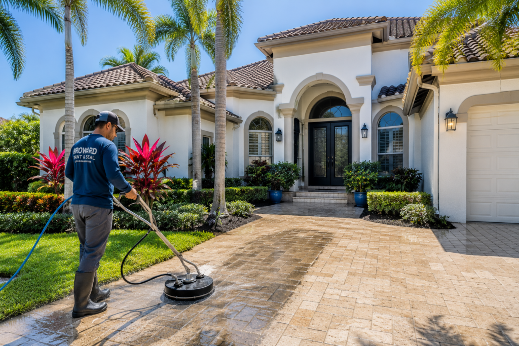 Professional technician cleaning the exterior surfaces, paver driveway, and walkways of a luxury Florida home in Broward County using commercial pressure washing equipment.