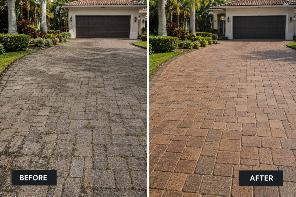 Beautiful brick paver driveway professionally cleaned and sealed with enhanced natural color at a South Florida home in Broward County.