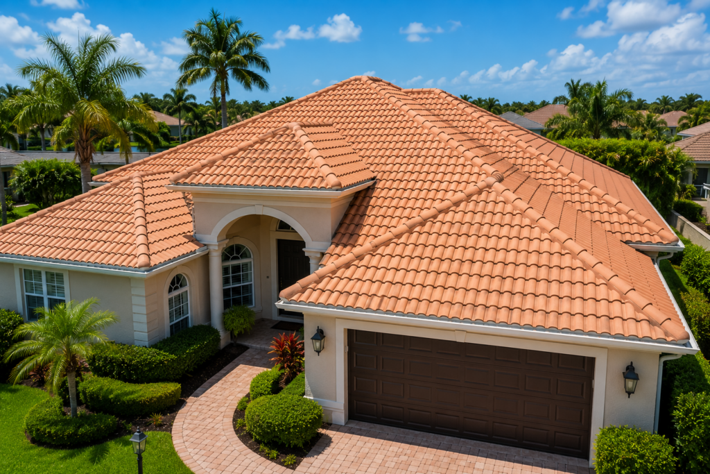 Clean Florida tile roof after professional soft wash roof cleaning at a luxury home in Broward County, free of black algae streaks and organic stains.
