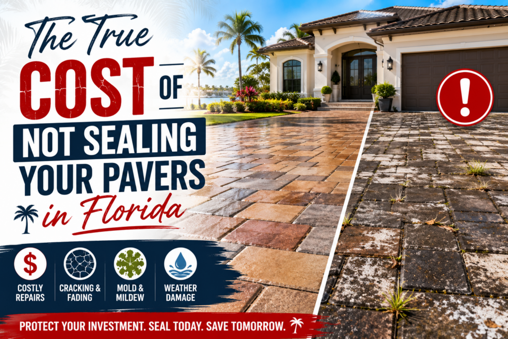 Split image showing sealed versus unsealed pavers at a Florida home, highlighting fading, weeds, mold, cracking, and the long-term cost of not sealing brick pavers.