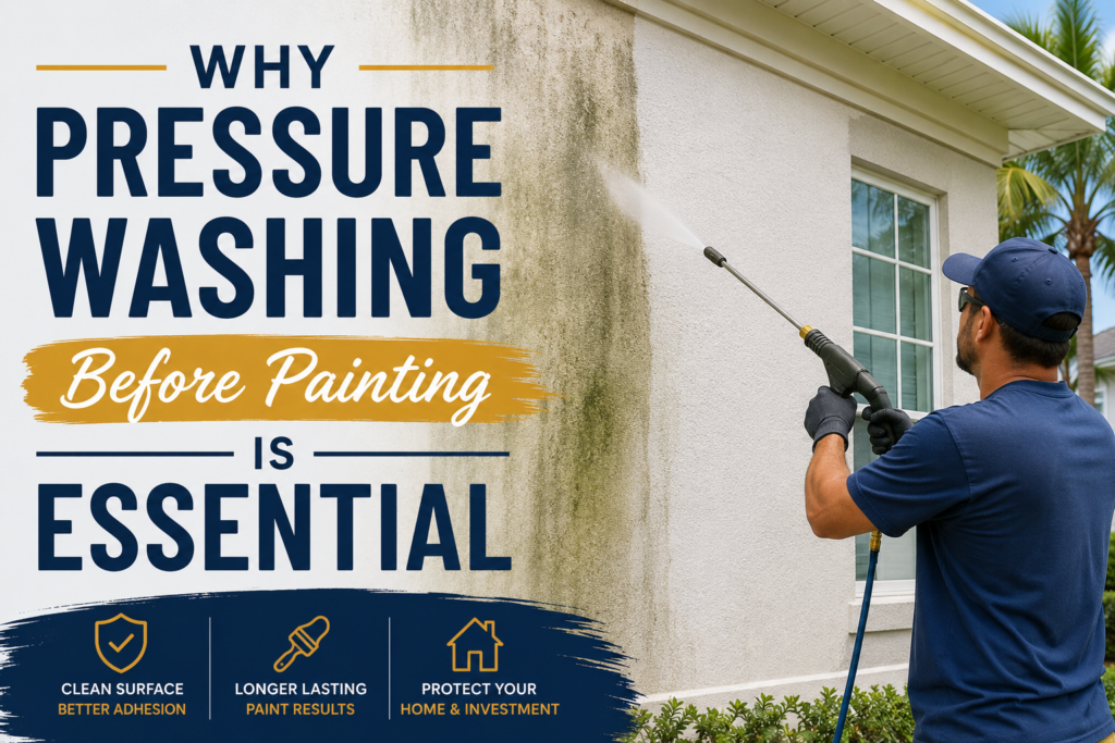 Professional pressure washing technician cleaning the exterior of a South Florida home before painting to ensure proper paint adhesion and a long-lasting finish.